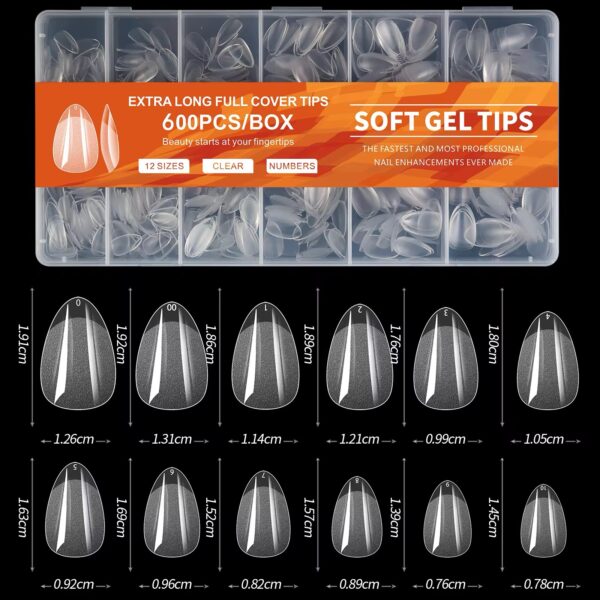 Tips Soft Gel, 600 Unidades, Almendra.